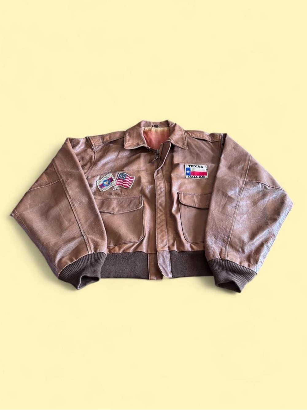 Vintage Leather Flight Bomber Jacket Military Patches Brown Men’s Size XL
